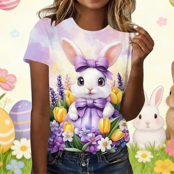 Pxxlle Womens Easter T Shirts Cute Easter Bunny Graphic Tees Plus Size Round Neck Short Sleeve Holiday Tops XL