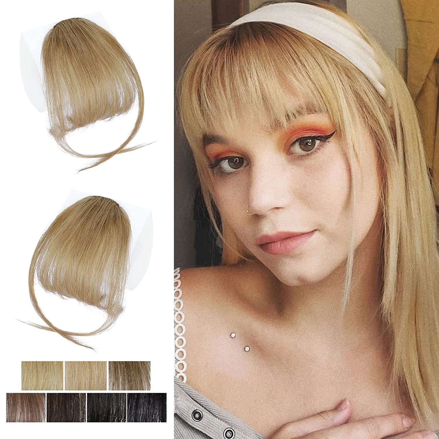 QWZNDZGR Clip in Bangs Real Human Hair Bangs Dark Brown Bangs Hair Clip with Temple Clip on