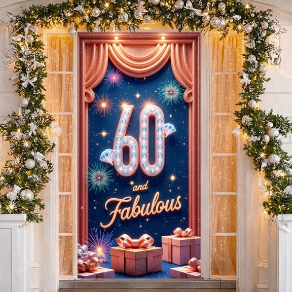 Rose Gold Style Happy 60th Birthday Banner Sparkling Decor 60 & Fabulous Backdrop Light-up Number Design Firework Pattern Luxury Birthday Background for 60th Birthday Party Adult Birthday