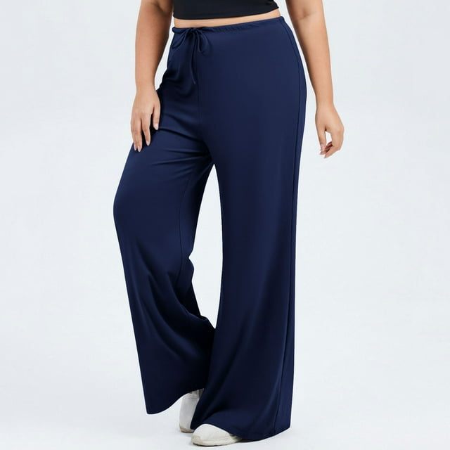 Timegard Wide Leg Pants for Women Plus Size Drawstring Elastic Waist Loose Comfy Casual Running Trousers
