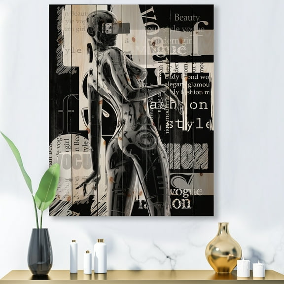 Designart 'Black and White Cyborg Body I' Modern Print on Natural Pine Wood
