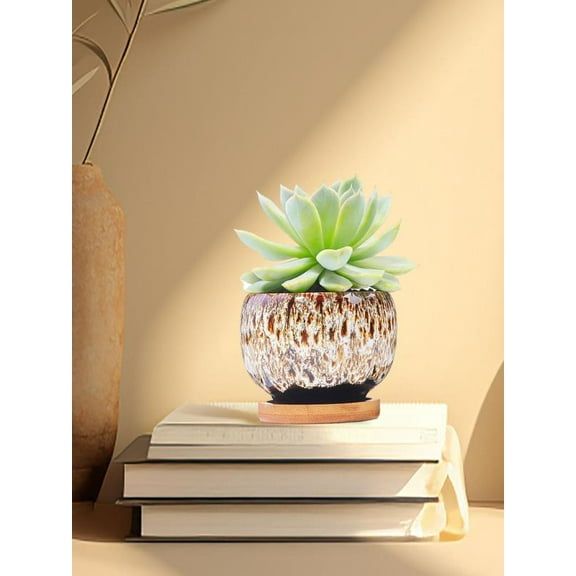 Brown Succulent Pots 4" Small Pots with Drainage Ceramic Pots for Indoor Glazed Cactus Flower Planter Container Not Included