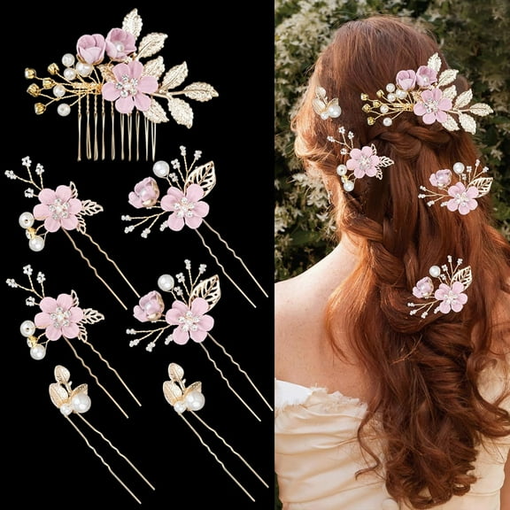 7 PCS Bridal Flower Wedding Hair Clips Crystal Pearl Hair Pins Headpiece Side Bridal Comb Gold Wedding Hair Accessories Jewelry for Brides Bridesmaids Women Girls Updo(Pink)
