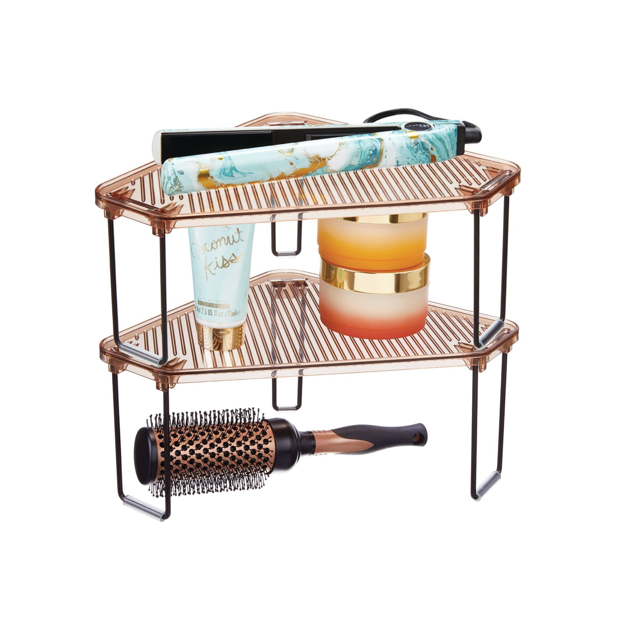 mDesign Corner Plastic/Metal Freestanding Stackable Organizer Shelf for Bathroom Vanity Countertop or Cabinet for Storing Cosmetics, Toiletries, Facial Wipes, Tissues, 2 Pack - Amber Brown/Bronze