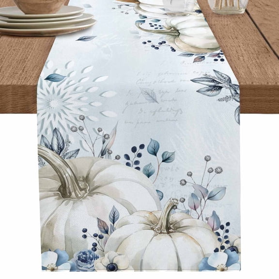 nqOlkjepod Blue Grey Pumpkins Fall Table Runner 120 Inches Long Farmhouse Dress Scarves, Thanksgiving Botanical Dining Tablerunner for Coffee Table/Kitchen Island/Party Décor, 13" x 120"
