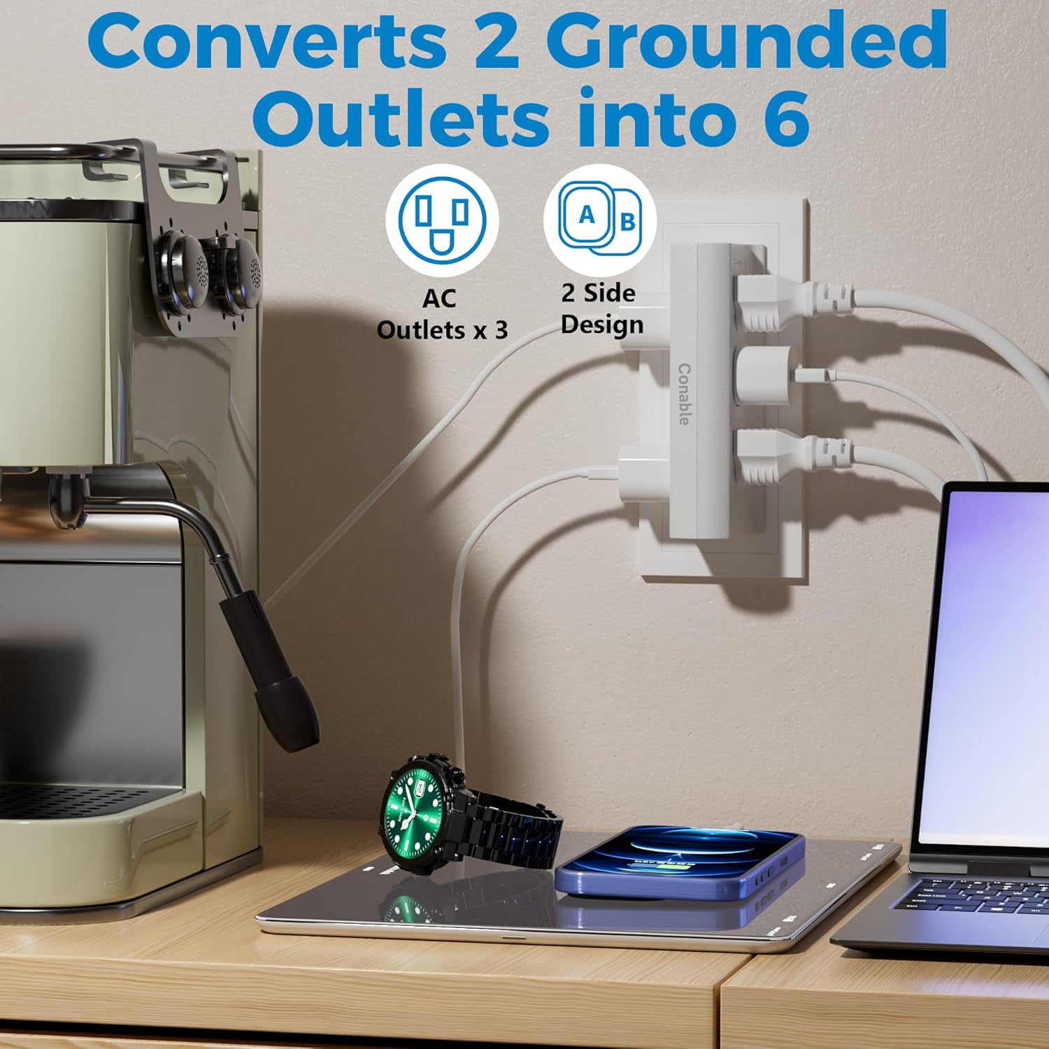 HRTGFD-6 Outlets Splitter 2-Pack, 6-Outlet with Sliding Safety Covers, Grounded Side Access Outlet Extender Wall Tap, 3-Prong, Multiple Plug, Vertical Power Strip, White Adapter, 125V 15A 1875W, 2 Pa