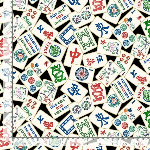 Cotton Mahjong Game Tiles Chinese Traditional on Black Timeless Treasures Cotton Fabric Print by the Yard (FUN-CD2741-BLACK)