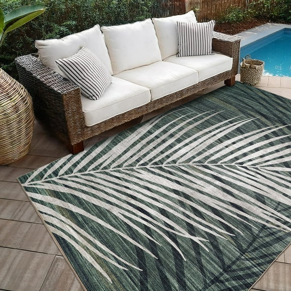 ReaLife Machine Washable Indoor Outdoor - Mat Rug Foldable Printed Thin Lightweight Cushioned Fade Resistant Patio Deck Dock Porch Pool Balcony Camping - Palm - Green Tan 6' x 9'