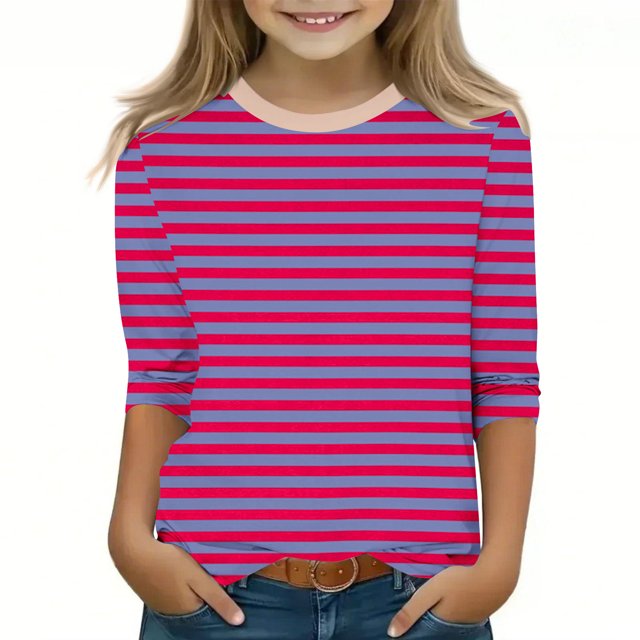 MKOSPLRT Children's Striped Tops 3/4 Sleeve Color Block T Shirts Round Neck Y2K Shirts Casual Loose Blouses Lightweight Spring Tees
