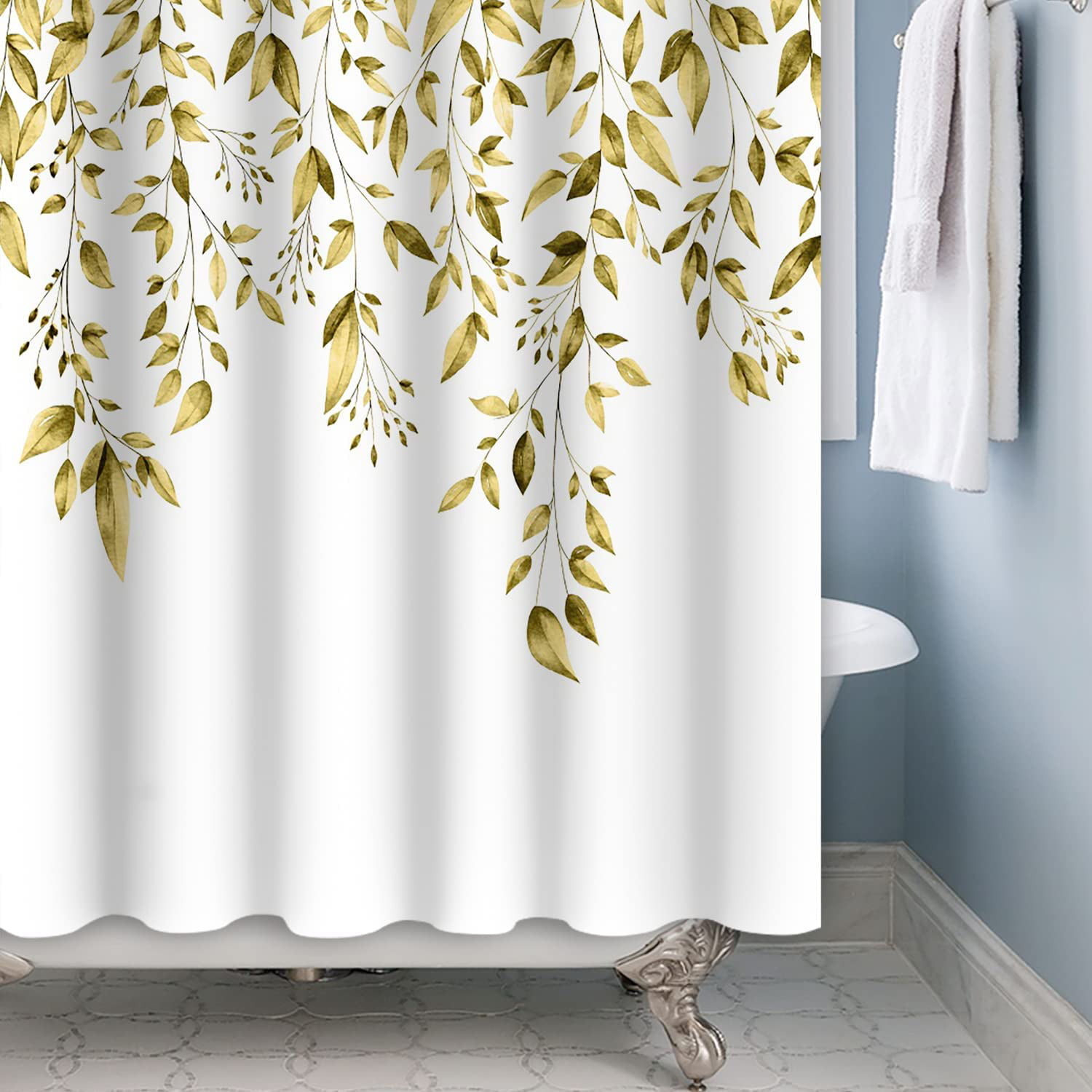 Shower Curtains, Gold Leaves Shower Curtain, 72 X 72 Fabric Shower Curtain  - Floral Plants Shower Curtain Natural Bathroom Decor Waterproof with 12  Hooks 