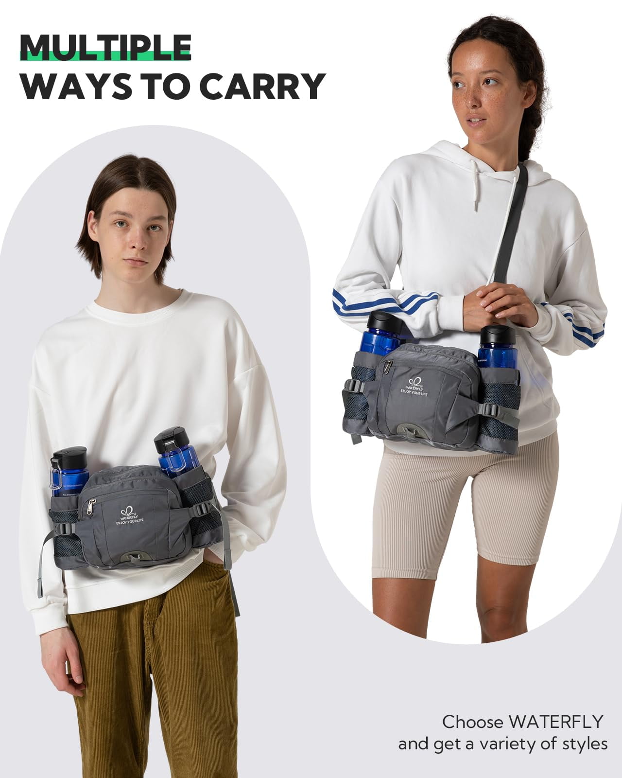 WATERFLY Unisex Large Capacity Hiking with Bottle Holder Nylon Fanny Pack Waist Bag,Gray