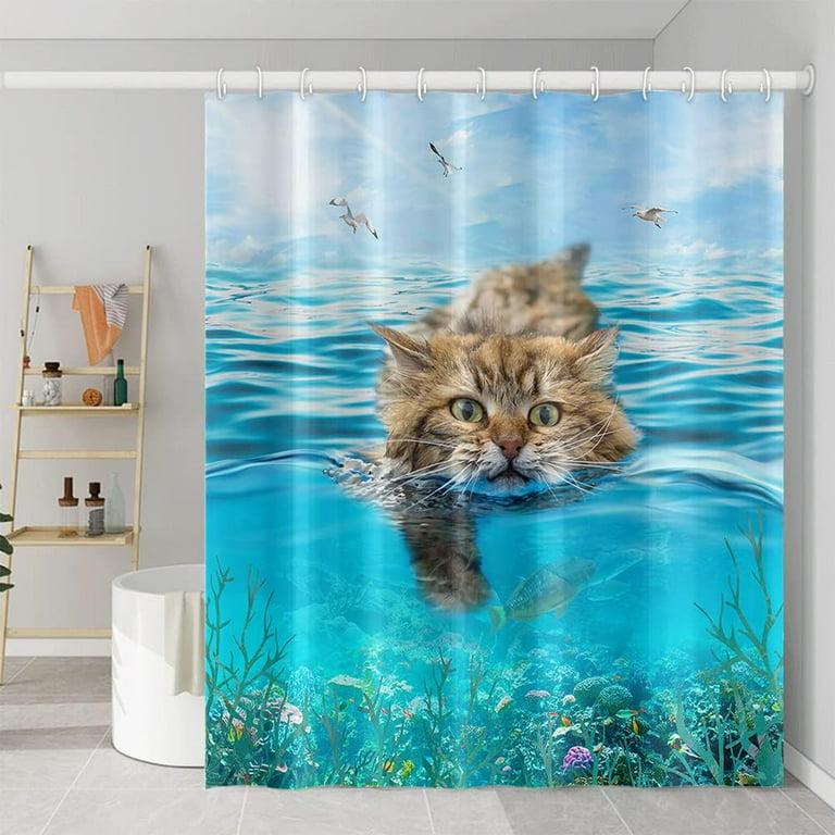 JOOCAR Swimming Cat Shower Curtain Cute Kitten Teal Blue Sea Ocean Seagull  Underwater Coral Shower Curtain Machine Washable Waterproof Polyester Fabric  with 12 Hooks, 72x72 Inch 