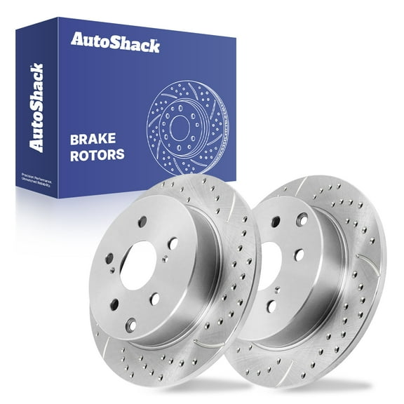 AutoShack Rear Solid Drilled & Slotted Silver Zinc Coated Brake Rotors 2-PC Set Replacement for 2006-2018 Toyota RAV4 2010-2012 Lexus HS250h SilverShield Pro 11.06" (281 mm)
