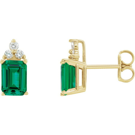 14k Yellow Gold Gem Quality Chatham® Created Emerald & Diamond Dangle Drop Earring (Best Quality Emerald Gemstones)