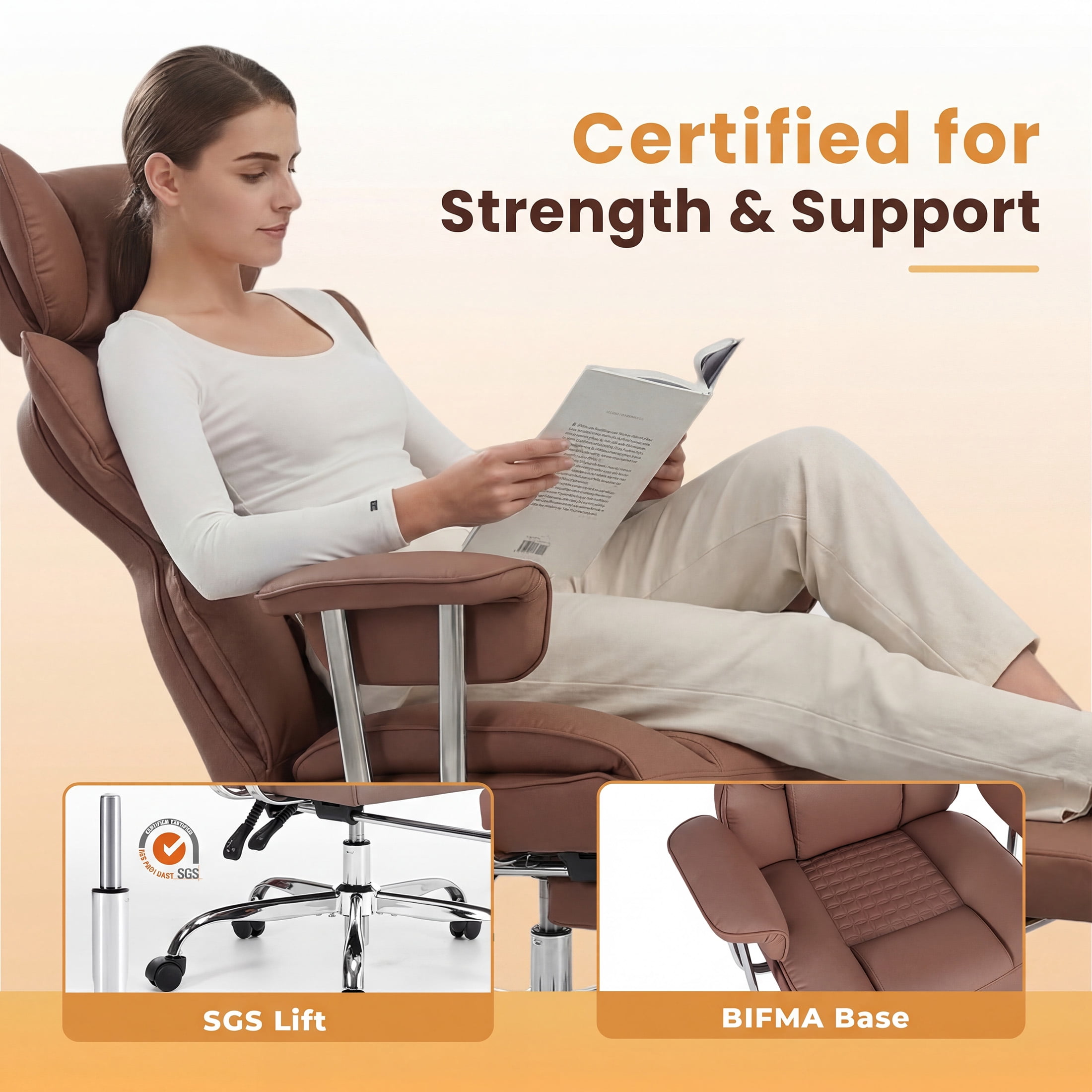 CONCETTA Ergonomic Big and Tall Office Chair, Scratch-Resistant PU Leather Executive Desk Chair with Spring Lumbar Support Brown