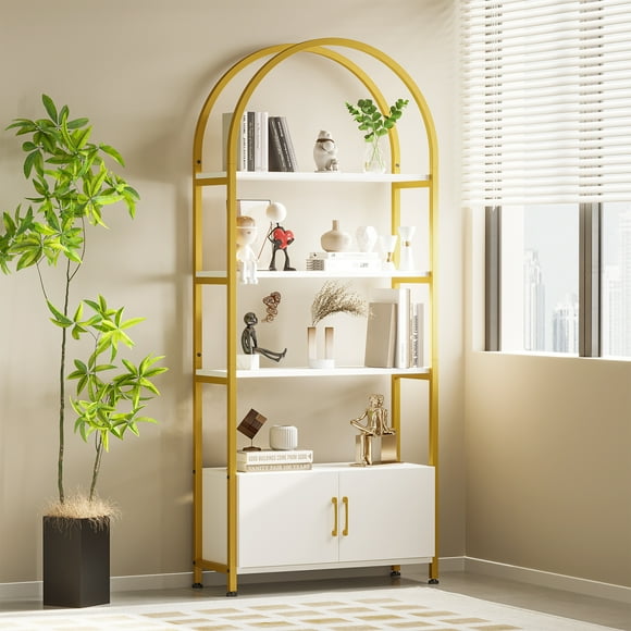Ourlova 4 Tier Arched Bookshelf with Doors Storage 71.5 Inch Tall Industrial Book Shelf with Metal Frame Open Curved Bookcase Display Shelf for Living Room and Office Black