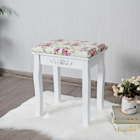 Costway Vanity Wood Dressing Stool Padded Chair Makeup Cushion White Backless