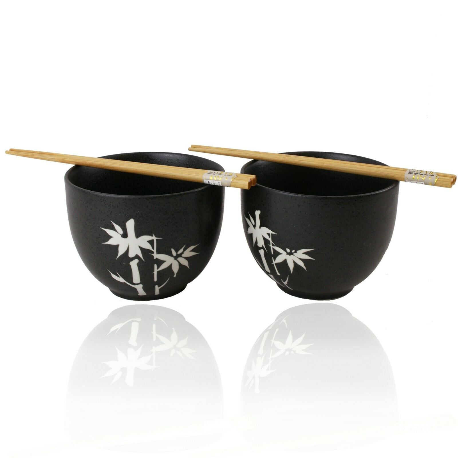 Quality Japanese Dinnerware Set of 2 Porcelain Black Bowls w Chopsticks Utensils EHD 1