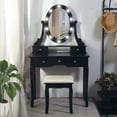 thumbnail image 1 of Coiffeuse Moderne avec Miroir Ovale et Tabouret, Ensemble de Table de Maquillage avec Miroir à 3 Modes d'Éclairage avec 5 Tiroirs de Rangement, Tabouret pour Chambre, 1 of 7