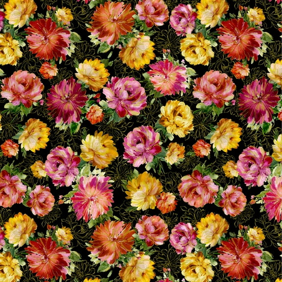 Timeless Treasures Floral Metallic Peonies Black 100% Cotton Fabric by The Yard