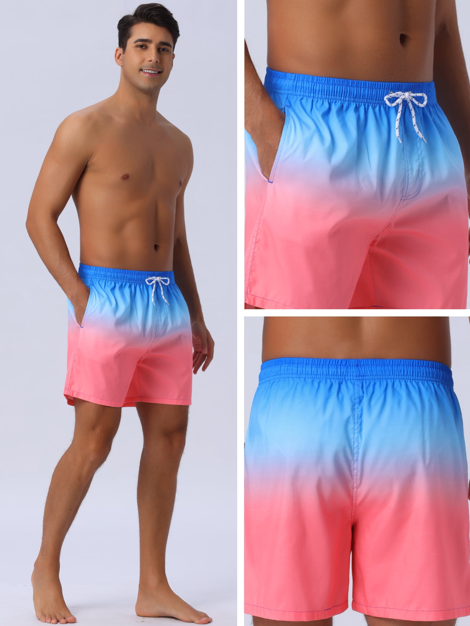 DARING DIVA Men's Contrast Color Gradient Summer Drawstring Beach Shorts 28 Blue Red