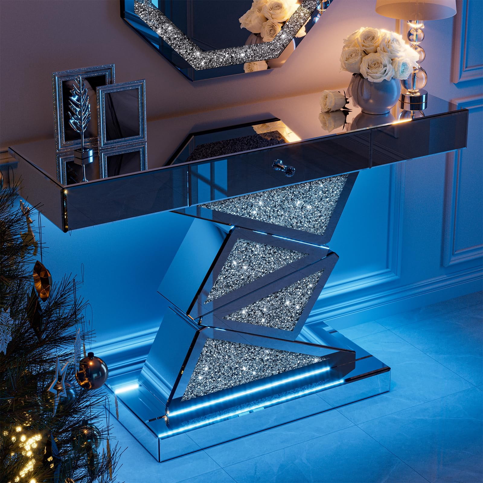 ARICOEASY Modern Mirrored Console Table with Large Drawer for Living Room, Hallway, Foyer, Entrance