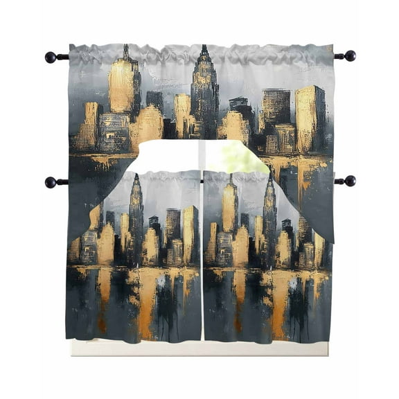 Gold Black Building Kitchen Curtains Sets 36 Inch Length with Valance, Modern Chic City Oil Painting Swag Valances and Tiers Curtain Set Drapes Swag Curtains for Living Room, Bathroom, Bedroom, Cafe