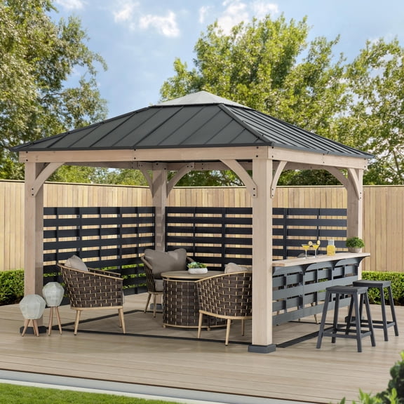 Sunjoy Cameron 11 ft. x 11 ft. Cedar Wood Framed Hot Tub Gazebo with Steel and Polycarbonate Hardtop and bar shelf, Matte Black