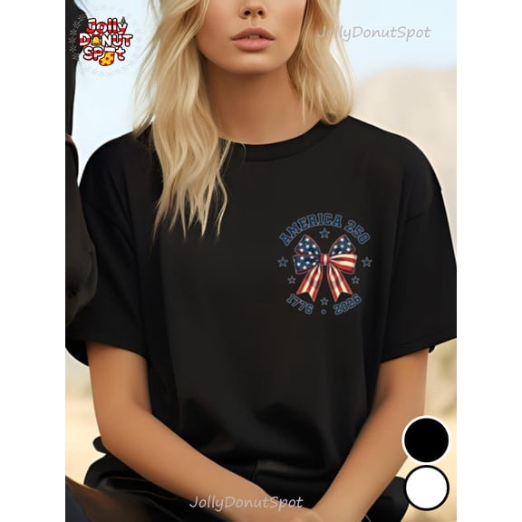 America 250 Patriotic American Flag Bow T-Shirt 1776-2026 USA Pride Semiquincentennial Celebration Women's Retro Short Sleeve Tee