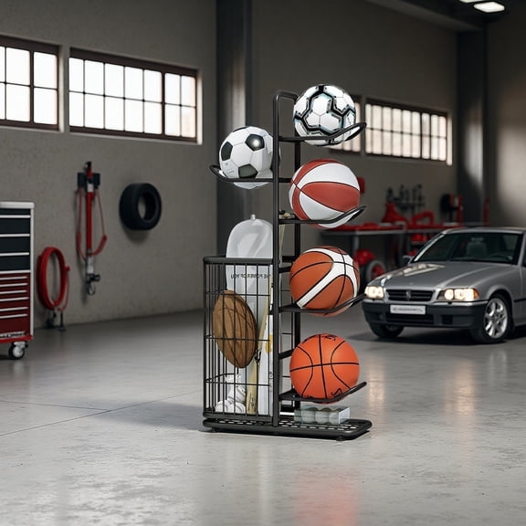 6-Tier Heavy-Duty Basketball Storage Rack, Multi-Sport Organizer for Football Soccer Volleyball with Wheels, Garage Sports Equipment Stand