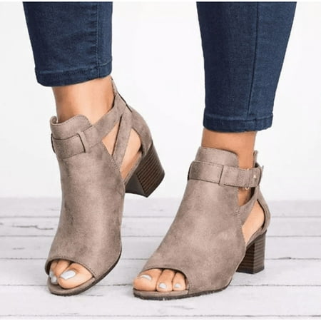 

Women Buckle Peep Toe Pump Low Block Heel Ankle Boots Sandals Shoes