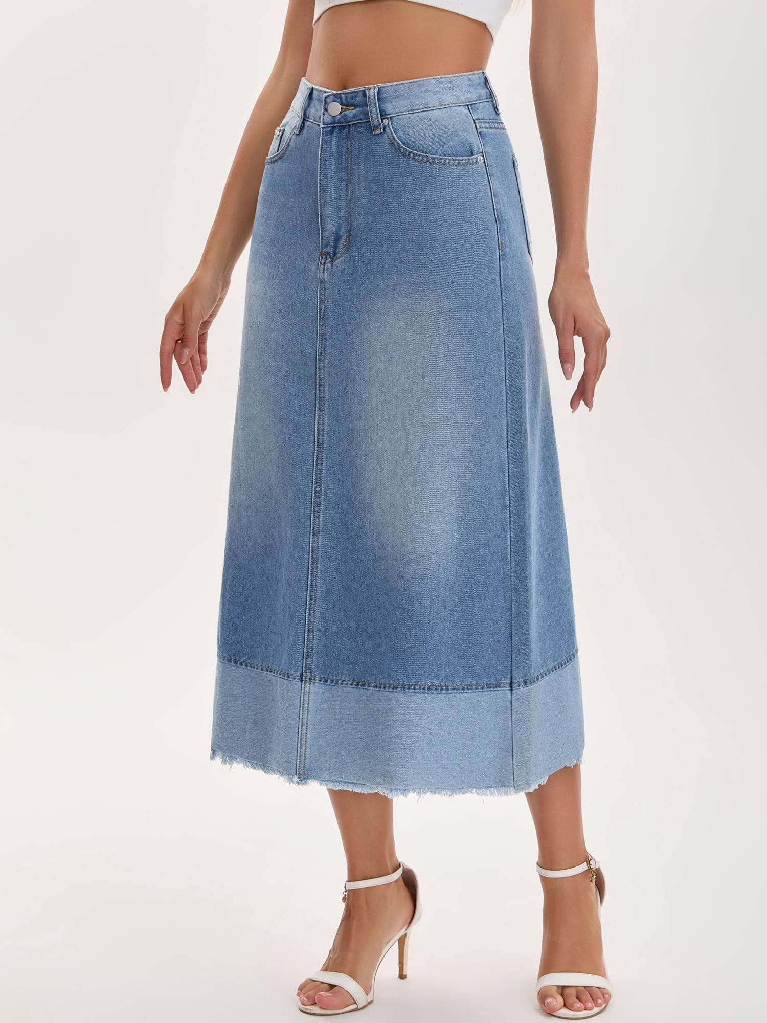 DARING DIVA Women's Denim Maxi Contrast Panel A Line Long Jean Skirts Small Light Blue