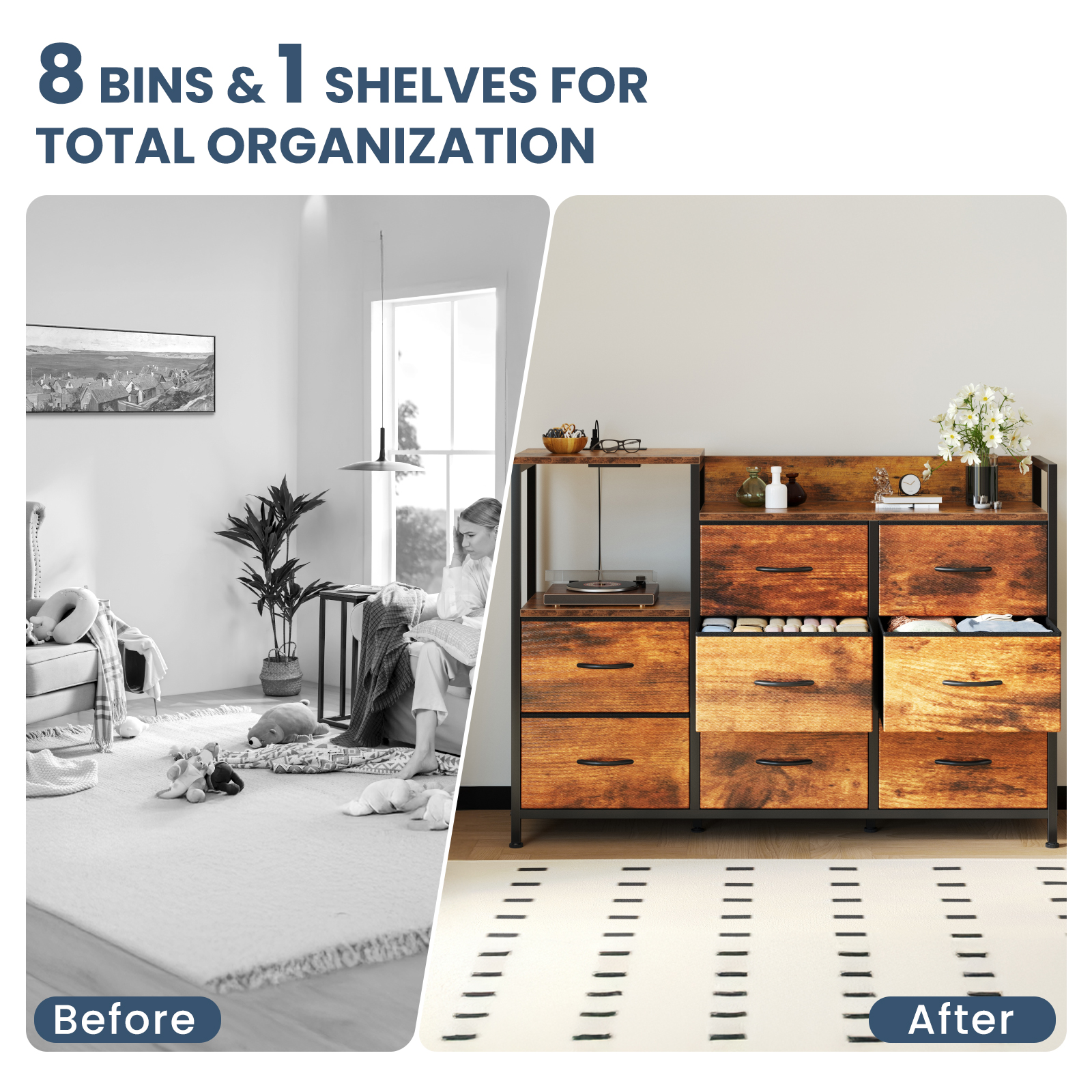 EDX 8 Drawer Dresser TV Stand, with Power Outlets and Open Shelves, for Bedroom and Living Room, Rust