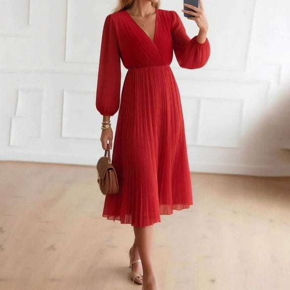 Elvqul Womens Dresses Evening Pleated Dress Red House Winter V Neck Midi Dresses for Women Solid Color