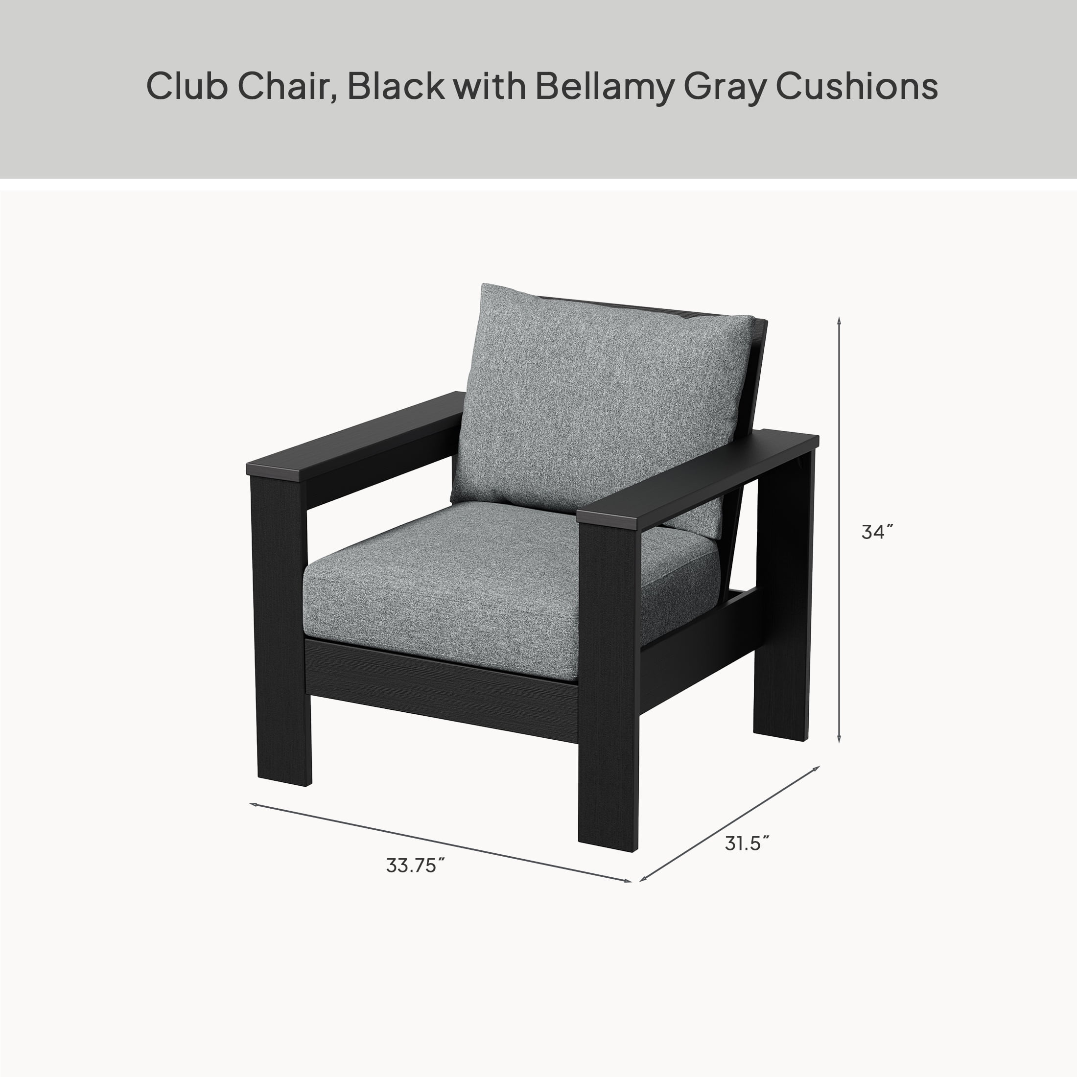 Better Homes & Gardens Ezra Outdoor HDPE Club Chair, Black with Bellamy Gray Cushions