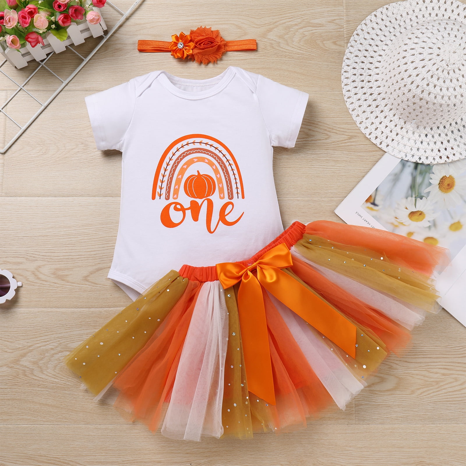 IBTOM CASTLE Toddler Baby Girls Pumpkin 1st Birthday Outfit Halloween Princess Romper + Tutu Skirt + Headband Clothes Set for Cake Smash Photo Shoot 12-18 Months Rainbow Pumpkin One