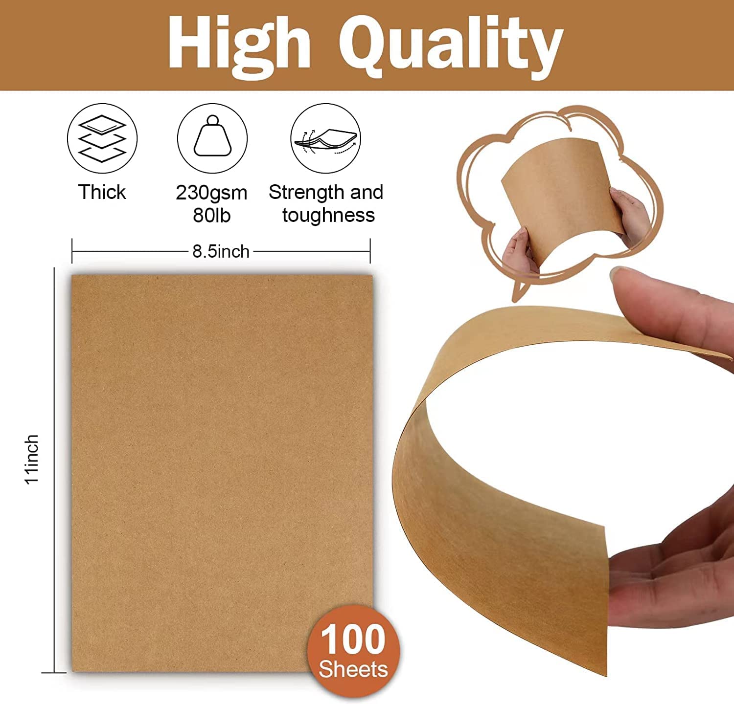 100 Sheets Kraft Paper Brown Cardstock 8.5 x 11, General 80lb Card Stock Printer Paper for Invitations, Menus, Crafts, DIY Cards