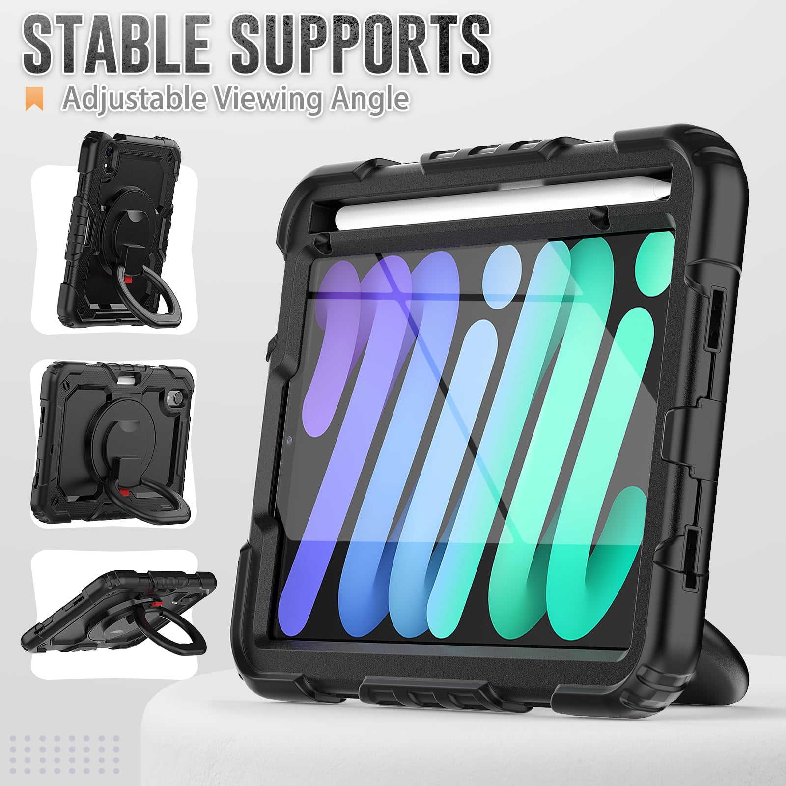 iPad Mini 6 Case 2021, Dteck 360 Rotating Heavy Duty Shockproof with Rugged Stand Pencil Holder for Kids Case for iPad Mini 6th Generation 8.3 Inch - Shoulder Strap, Screen Protector, Black