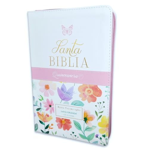 Biblia Quincea?era con Cierre Letra Grande 12 puntos RV1960 imit piel blanco floral con Indice y canto floral