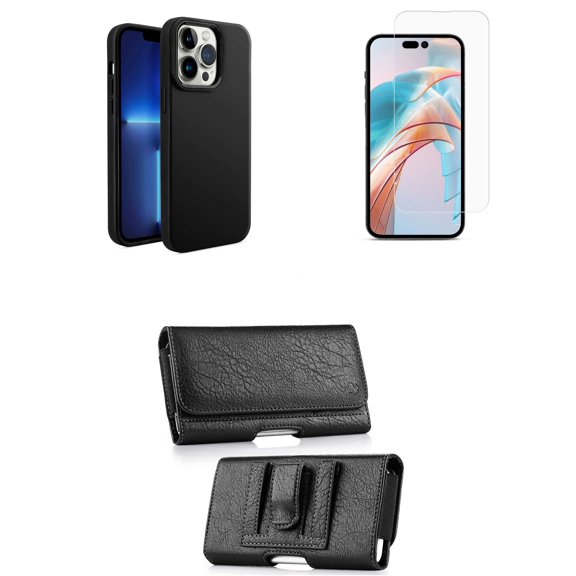 Bemz Phone Case for iPhone 15 Pro - Liquid TPU Silicone (Metal Buttons/Camera Edges) Protection Cover, Glass Screen Protector, Horizontal PU Leather Belt Holster Pouch (Black)