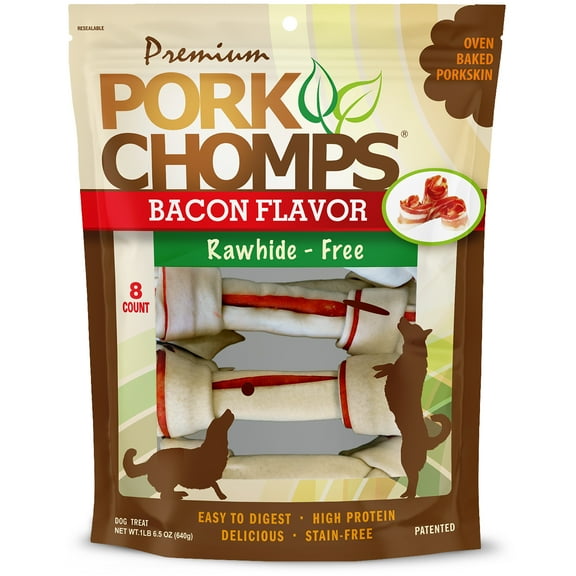 Pork Chomps Premium Rawhide-Free Knotz for Dogs, Bacon Flavor, 7 Inch, 8 Count