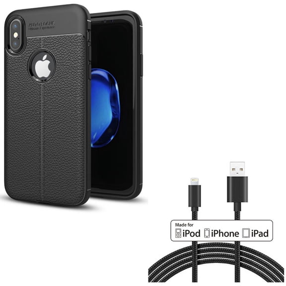 MFi USB Cable w Case for iPhone XS/X - 10ft Certified Charger Cord Power Wire, PU Leather Slim Fit Cover Reinforced Bumper Shock Absorbent for iPhone XS/X