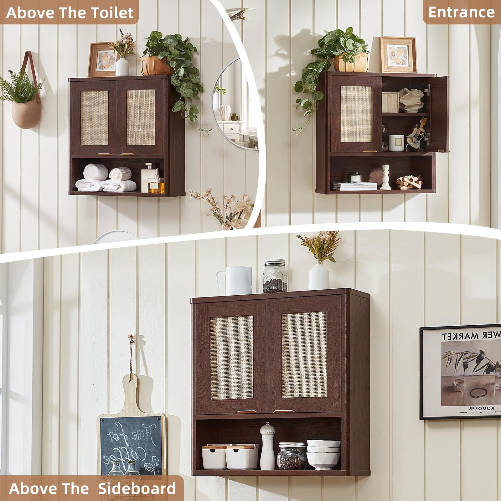 LELELINKY Rattan Wood Bathroom Wall Cabinet with Adjustable Shelf, Boho Medicine Cabinet for over Toilet Storage, Laundry Room, Walnut