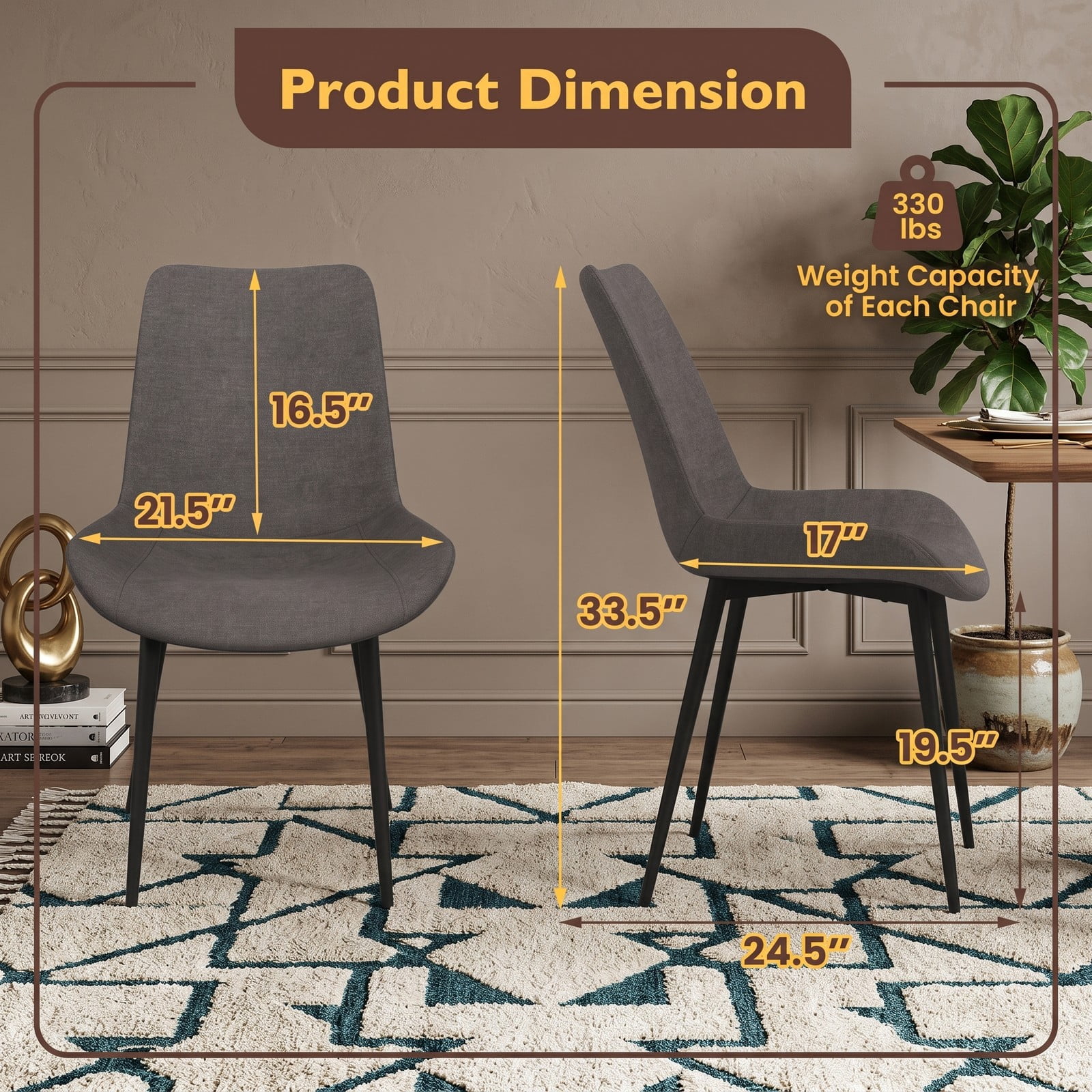 Furnibear Set of 4 Upholstered Dining Chairs with Metal Legs, Faux Linen Padded Back Kitchen Side Chairs, Ergonomic Armless Accent Chairs for Dining Room Living, Gray