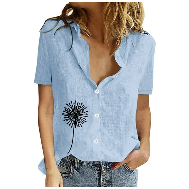 Mujeres Impreso Manga Corta Botón Suelto Turndown Collar Camisa Blusa Sólida Tops OAVQHLG3B Store lin121212
