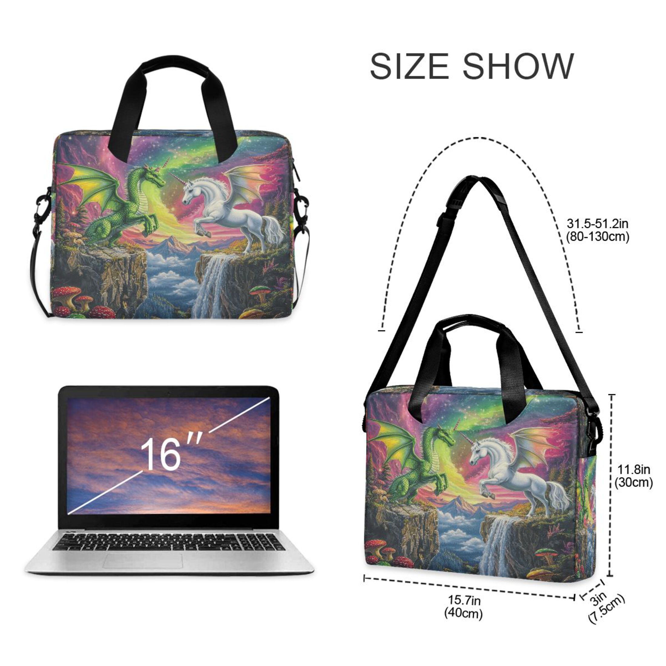16" Laptop Tote Bag Laptop Sleeve Case Computer Briefcase for Work & Travel Green Dragon and White Unicorn