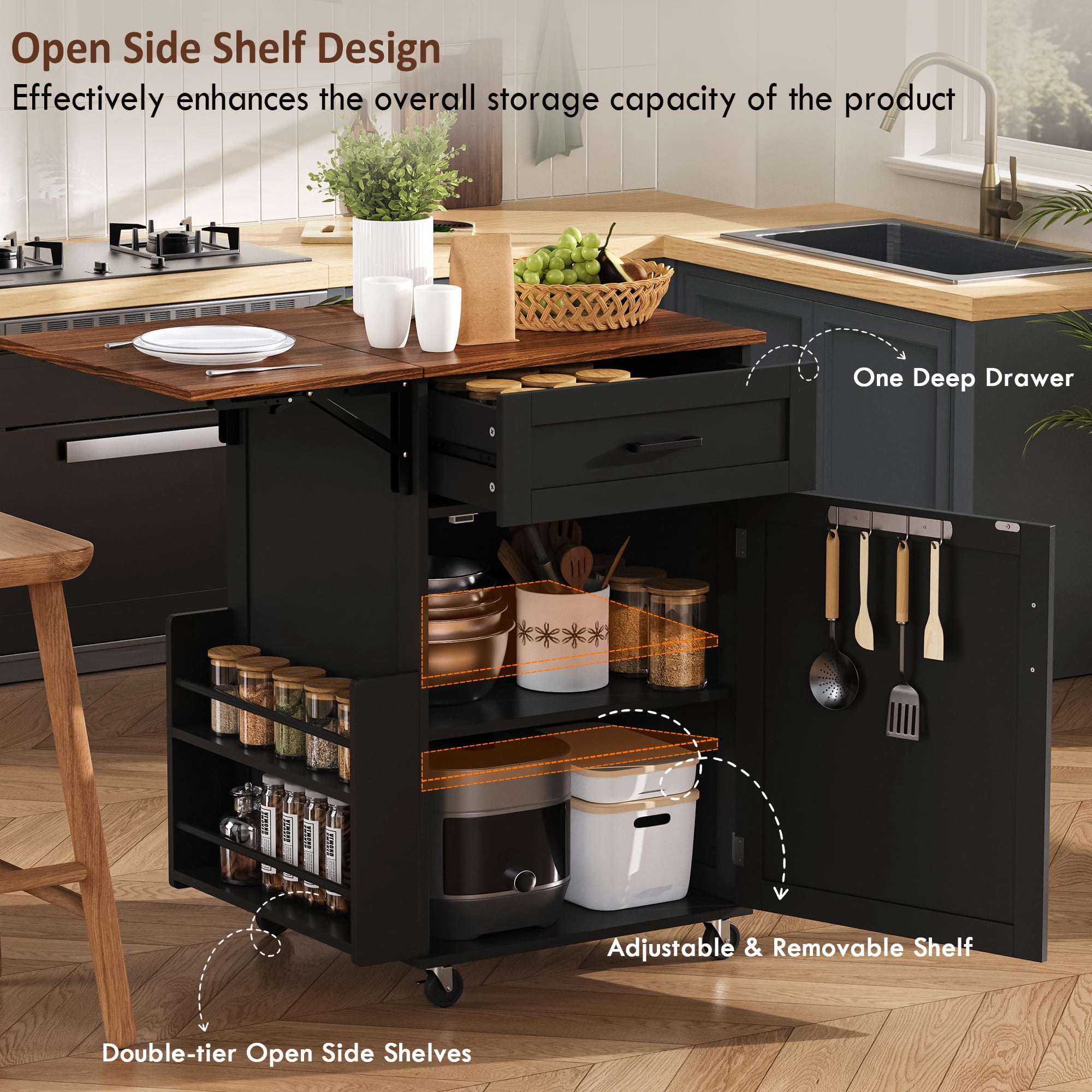 Alvantor Farmhouse Kitchen Island with Drop Leaf, 39.3" W Rolling Kitchen Cart with Side Rack for Dining Room Black
