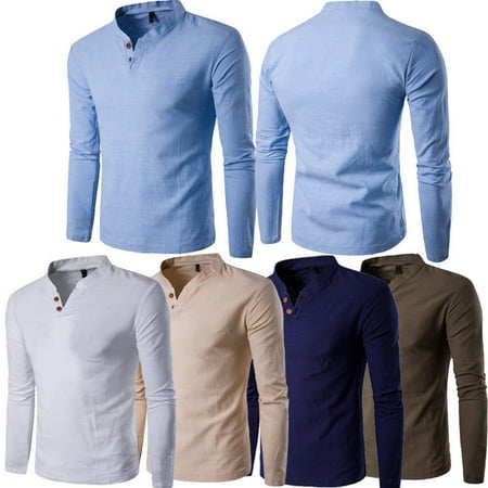 - Mens Relax Slim Fit Long Sleeve Shirt T-shirt Linen Tee Shirt Casual Top Blouse