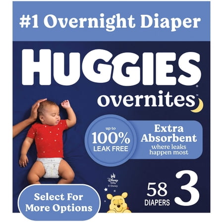 Huggies Overnites Nighttime Baby Diapers, Size 3 (16-28 lbs), 58 Ct (Select for More)
