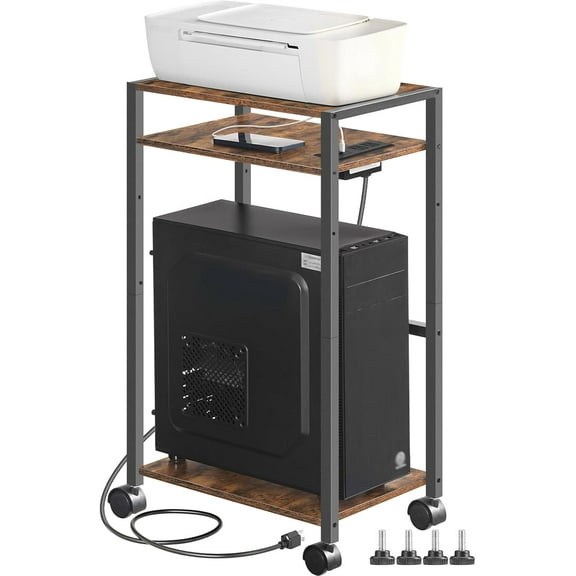 Computer Tower Stand, 3-Tier PC Tower Stand, PC Stand with Charging Station, Mobile CPU Stand Fits Most PC, Adjustable Shelf, for PC Tower, Printer, Home Office, Rustic Brown BF12UCJ01